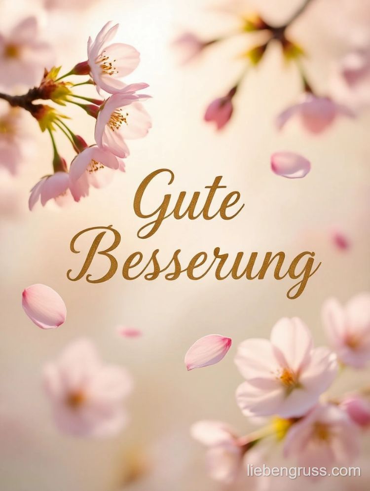 Blühende Kirschbäume mit goldener Gute-Besserung-Botschaft