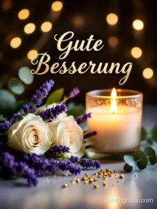Brennende Kerze umgeben von weißen Rosen und lila Lavendel mit goldenen Punkten.