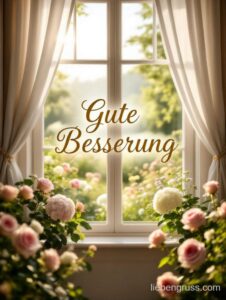 Fenster mit hellen Vorhängen auf sonnigen Garten, goldener Spruch „Gute Besserung“ darüber