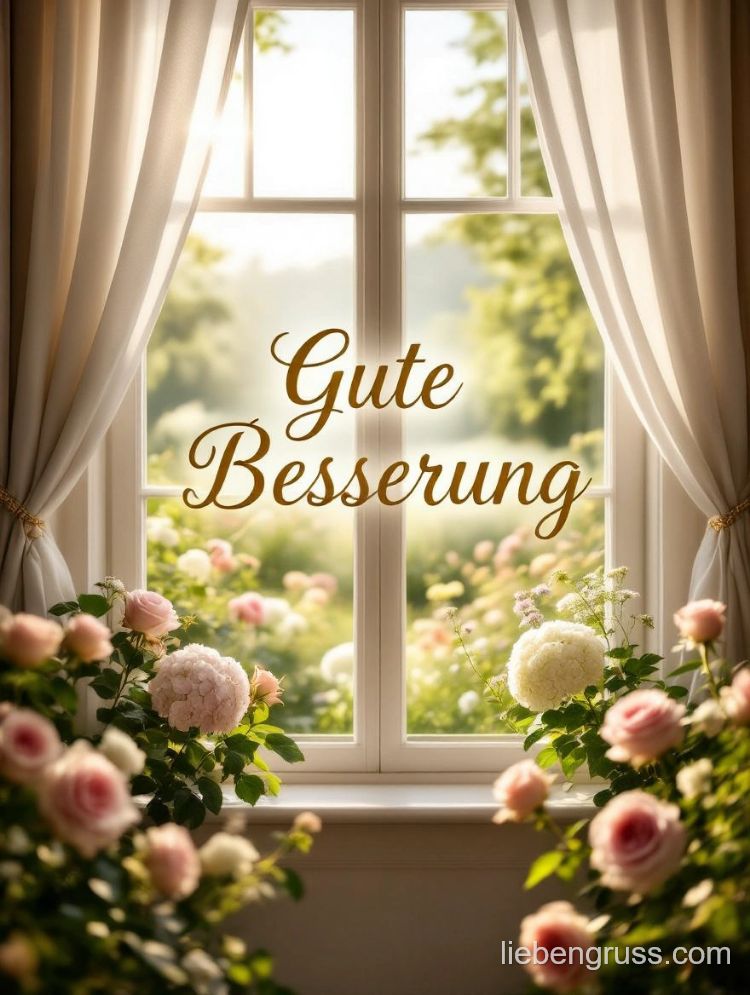 Fenster mit hellen Vorhängen auf sonnigen Garten, goldener Spruch „Gute Besserung“ darüber