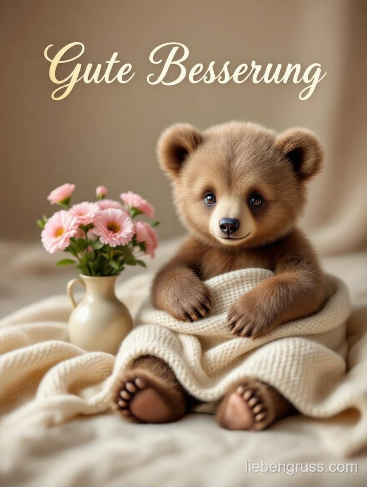 Teddybär auf Decke, Vase mit Blumen und 'Gute Besserung'