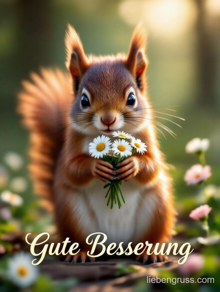 Eichhörnchen hält Gänseblümchen mit Gute Besserung