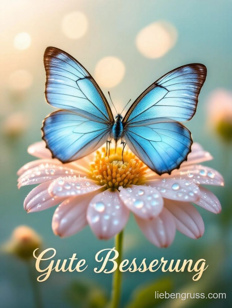 Blauer Schmetterling ruht auf rosa Blume mit „Gute Besserung“-Text.