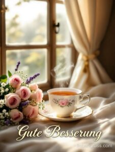 Dampfende Tasse neben Rosen- und Lavendelstrauß, Text „Gute Besserung“