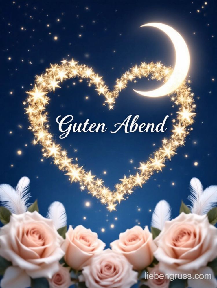 Herzförmiger Sternenhimmel mit Mond, Rosen und Schriftzug „Guten Abend“