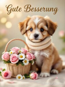 Hund mit Schal, Blumen und Gute Besserung
