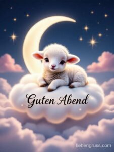Flauschiges Lamm auf Wolke mit „Guten Abend“ unter Mond und Sternen