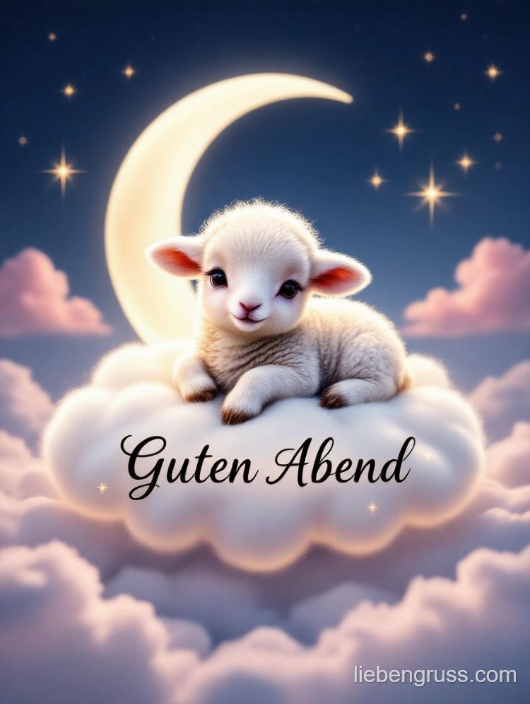 Flauschiges Lamm auf Wolke mit „Guten Abend“ unter Mond und Sternen