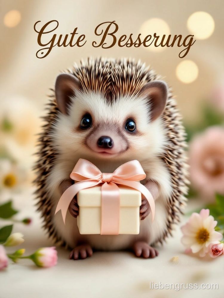 Igel hält Geschenkbox mit rosa Schleife und 'Gute Besserung'
