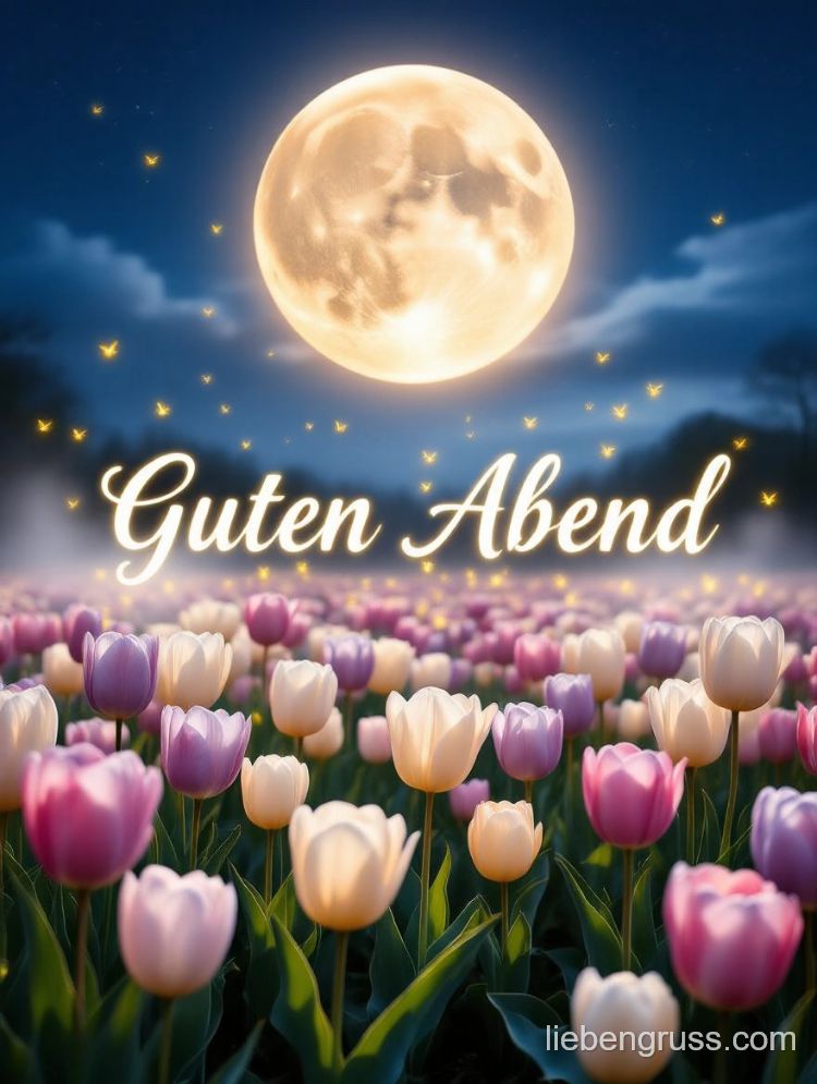 Leuchtender Mond über blühendem Tulpenfeld mit „Guten Abend“-Schrift