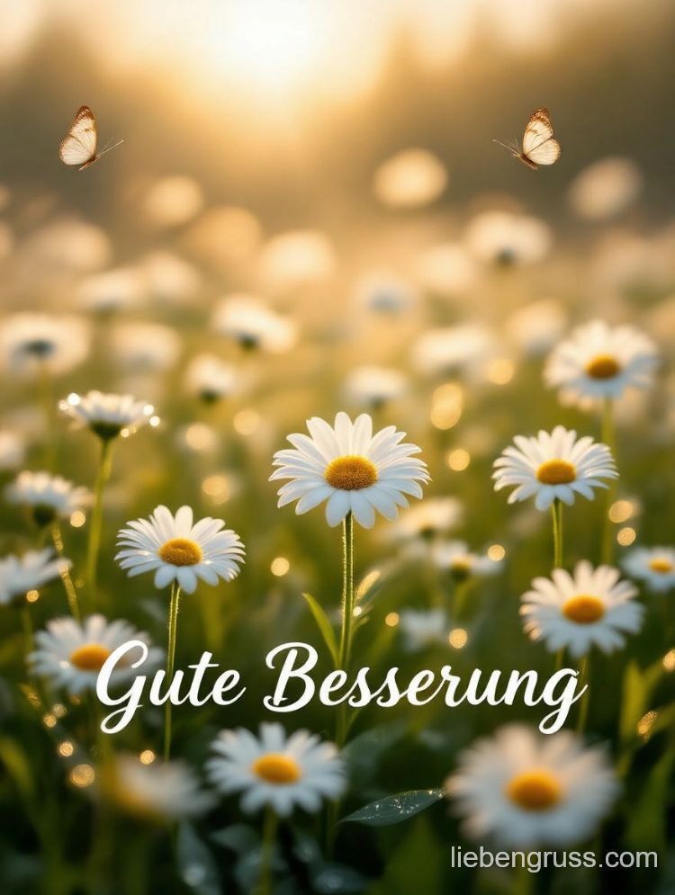 Blumenfeld mit Schmetterlingen und Gute Besserung