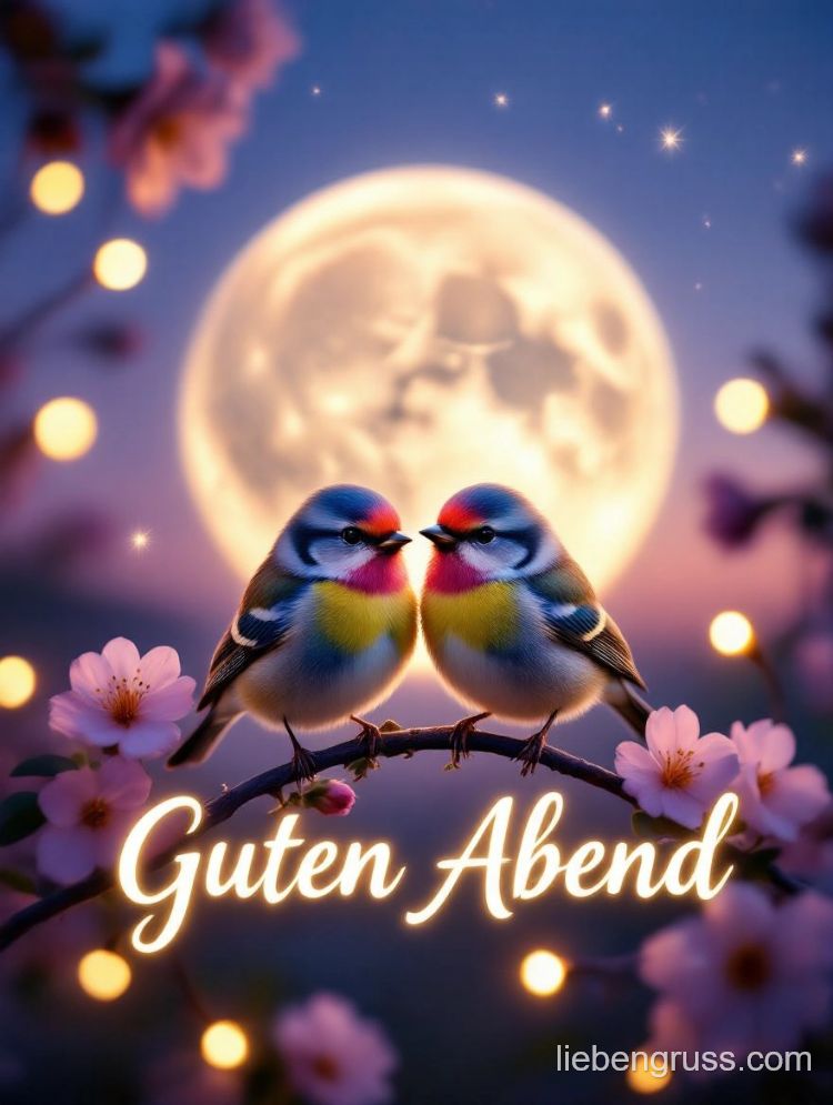 Zwei bunte Vögel auf blühendem Ast, großer Mond, sternenklarer Himmel, „Guten Abend“