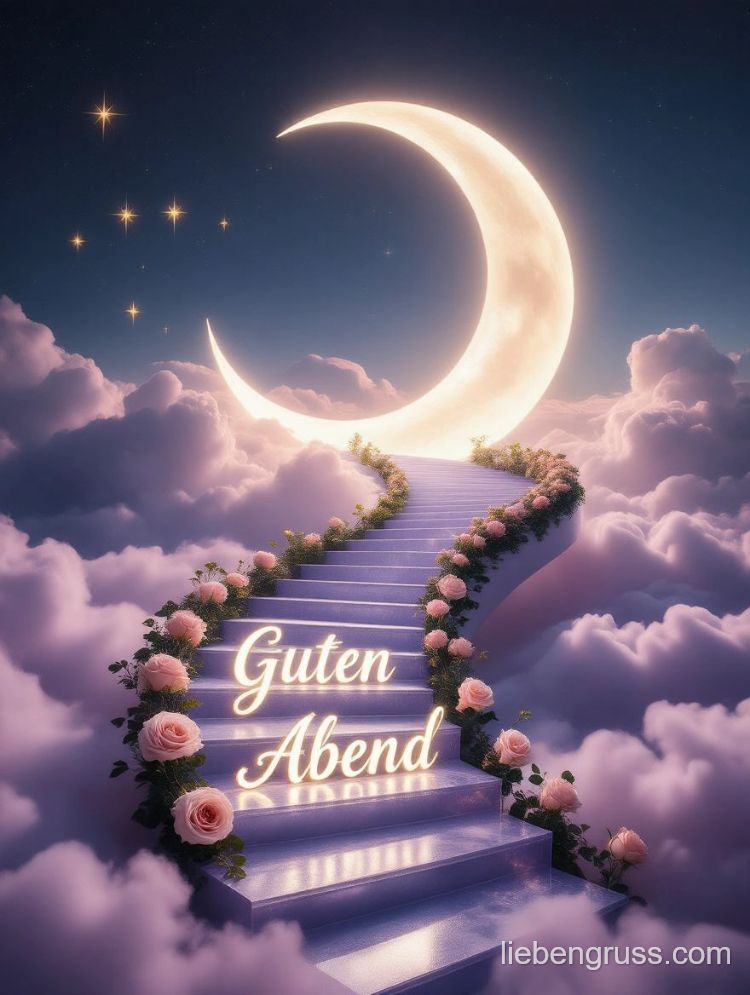Halbmondförmige Laterne über schwebender Rosen-Treppe mit „Guten Abend“-Schrift