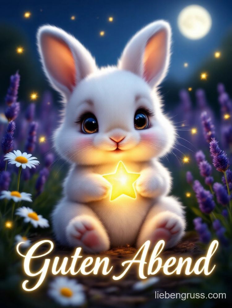 Flauschiges Häschen hält Stern in Blumenwiese bei Nacht