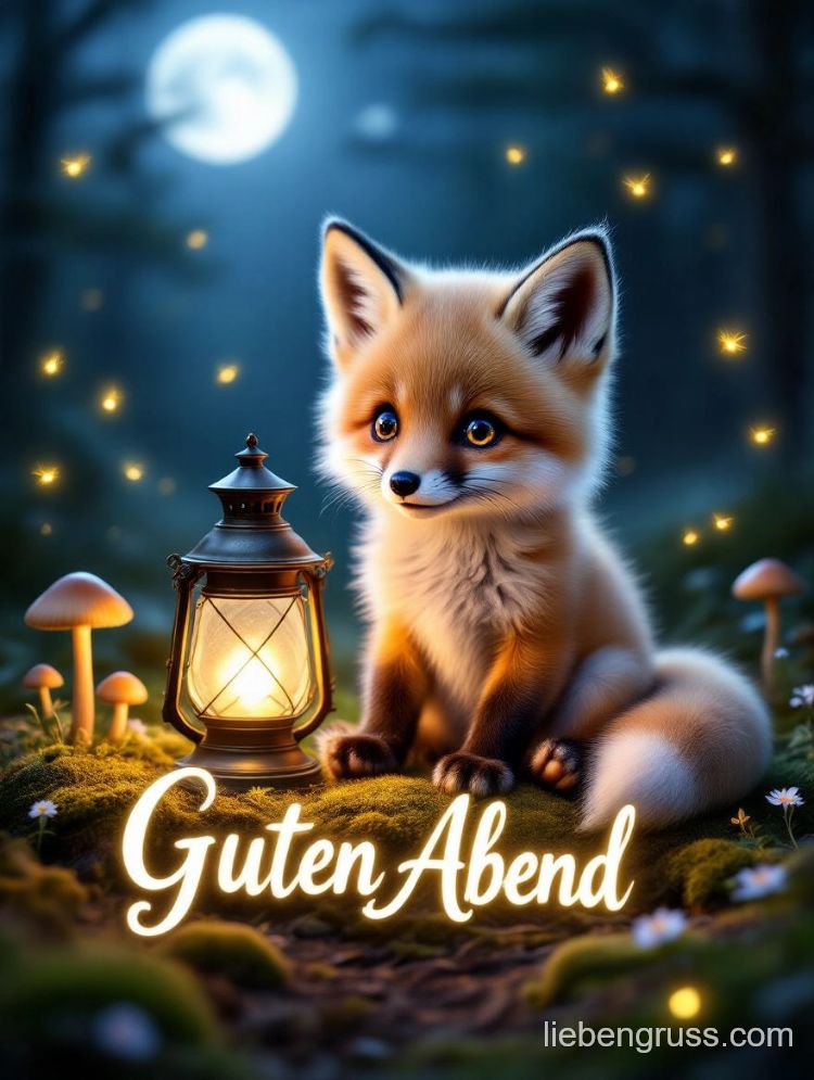 Fuchs im Wald bei Vollmond neben brennender Laterne, „Guten Abend“ sichtbar