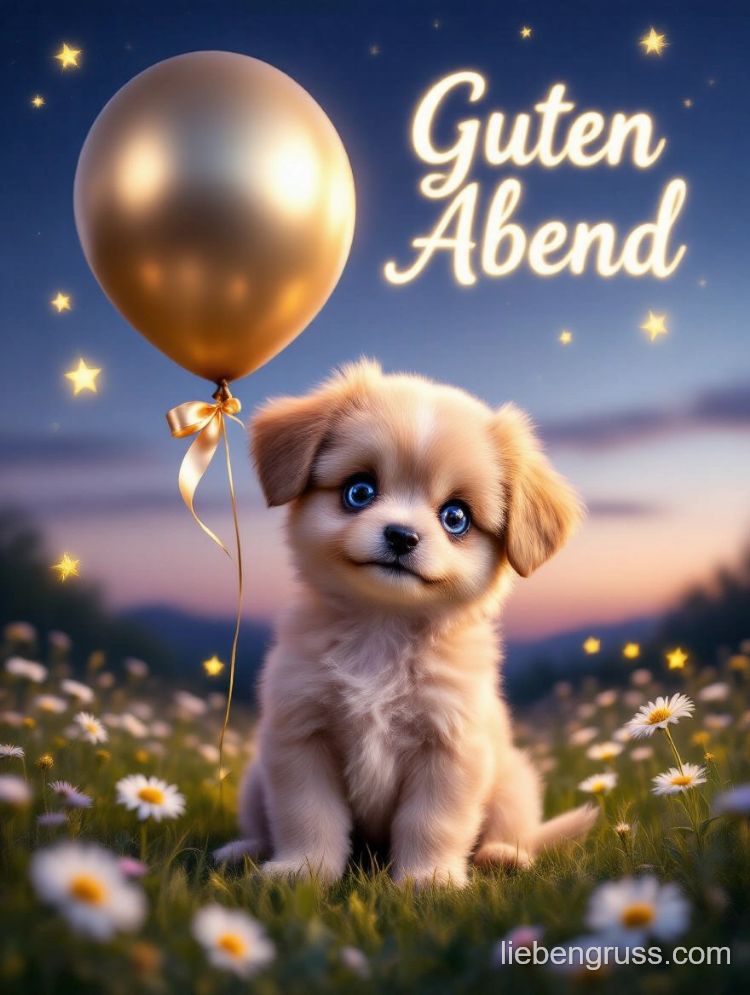 Flauschiger Welpe mit blauen Augen sitzt unter goldenem Ballon, Himmel mit Sternen und „Guten Abend“.