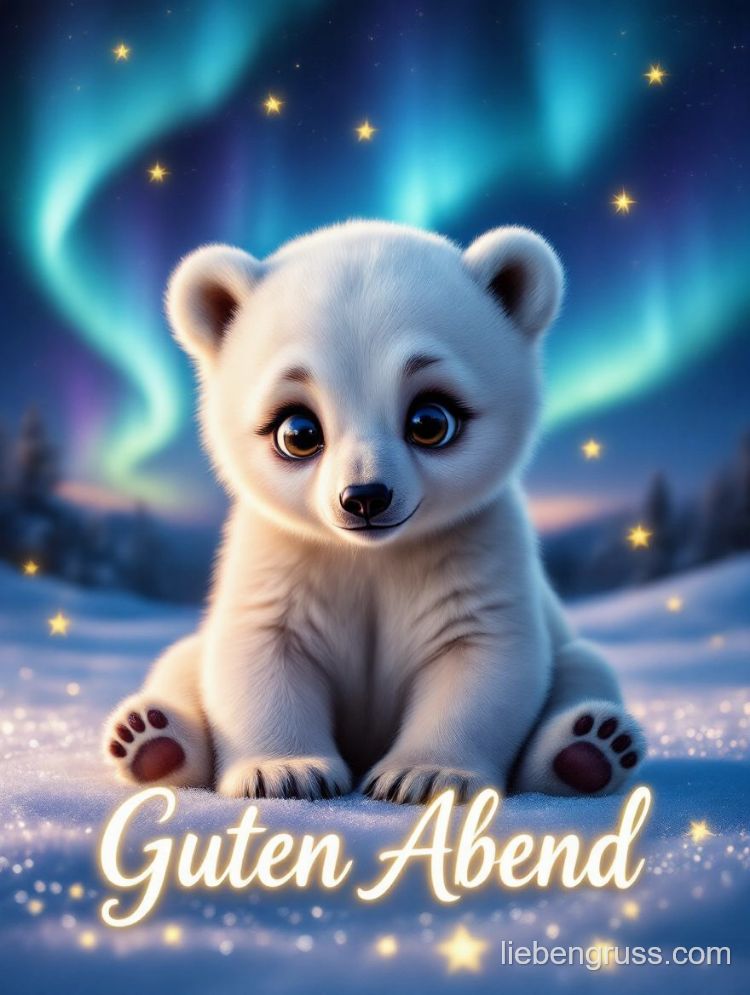 Weißes Eisbärenjunges blickt in Kamera, Nordlichter im Hintergrund, Text „Guten Abend“
