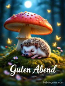 Igel schlafend unter rotem Pilz, umgeben von leuchtenden Libellen im Wald.