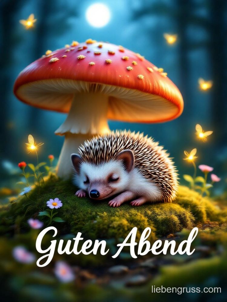 Igel schlafend unter rotem Pilz, umgeben von leuchtenden Libellen im Wald.