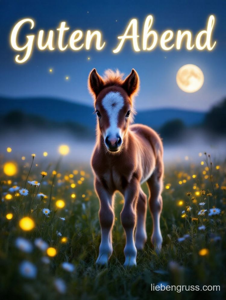 Braunes Fohlen mit weißer Stirn bei Nacht, Vollmond und Hügeln, „Guten Abend“-Schrift