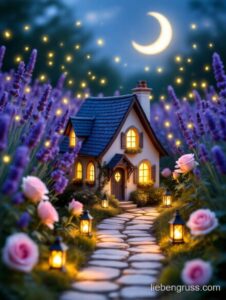Idyllisches Haus mit warmem Licht, umgeben von Lavendel und Rosen, sternenklarer Himmel mit Halbmond.