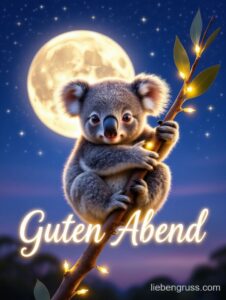 Flauschiger Koala hält sich an Zweig mit Lichterketten fest unter leuchtendem Mond.