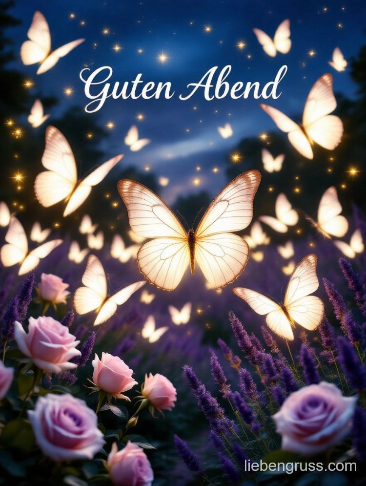 Leuchtende Schmetterlinge schweben über Rosen und Lavendel unter Sternenhimmel. „Guten Abend“ oben.