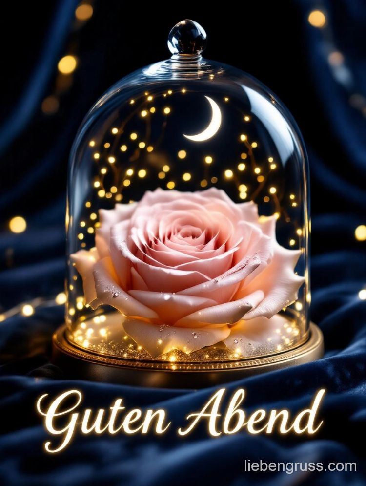Rosa Rose in Glasglocke mit Mondlicht und „Guten Abend“.