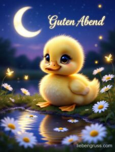 Flauschiges gelbes Entlein am Seeufer mit Mond und Gänseblümchen.