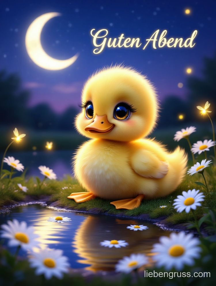 Flauschiges gelbes Entlein am Seeufer mit Mond und Gänseblümchen.