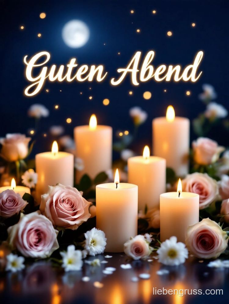 Brennende Kerzen mit Rosen vor nächtlichem Himmel.