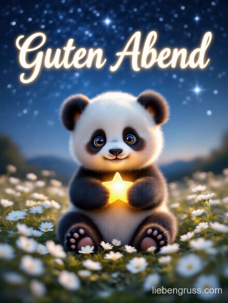 Kleiner Panda hält Stern, steht in Feld mit weißen Blumen, „Guten Abend“ leuchtet darüber.