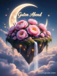 Paradies mit Rosen und Wasserfall vor Mondhimmel mit Guten Abend-Schrift