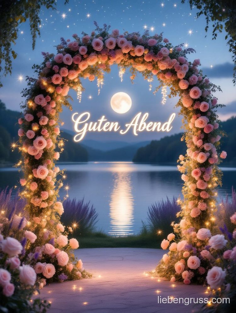 Blühender Rosenbogen mit Mond über See, warme Lichter, Text „Guten Abend“