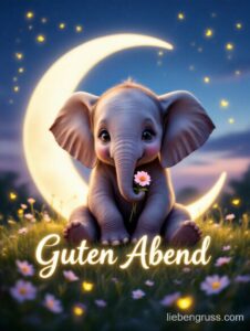 Süßes Elefantenbaby hält rosa Blume unter Mond. „Guten Abend“-Schrift im Vordergrund.