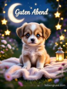 Flauschiges Hündchen sitzt auf Decke unter Mond und Sternenlicht. „Guten Abend“ darüber.