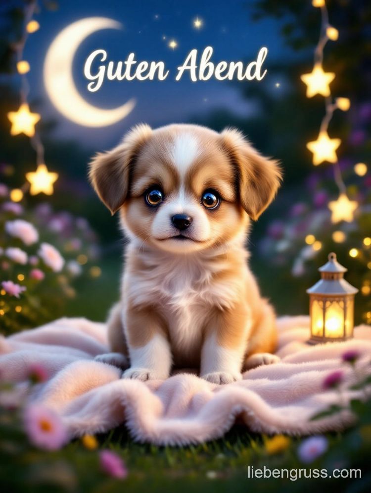 Flauschiges Hündchen sitzt auf Decke unter Mond und Sternenlicht. „Guten Abend“ darüber.