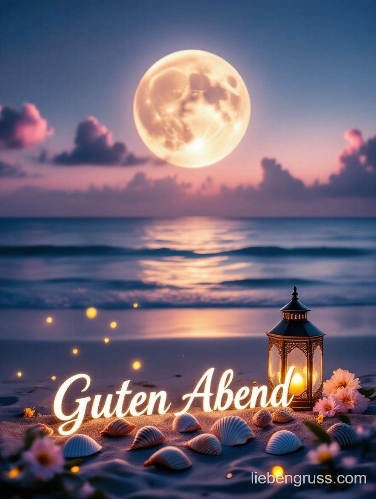 Großer Mond über Strand, Laterne und „Guten Abend“ leuchten.