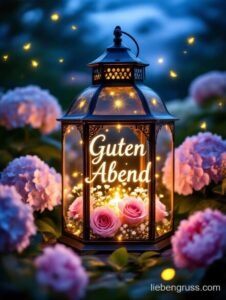 Beleuchtete Laterne mit Schriftzug „Guten Abend“ unter rosa Hortensien.