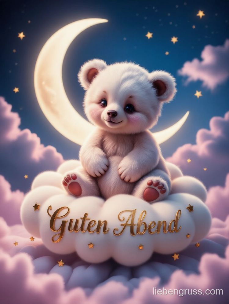 Kleiner Teddybär auf Wolke mit „Guten Abend“ unter Sternenlicht.