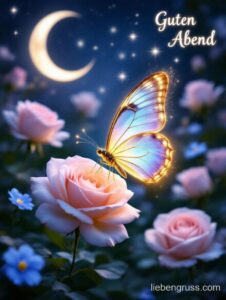 Leuchtender Schmetterling auf rosa Rose mit Mond und Sternen.
