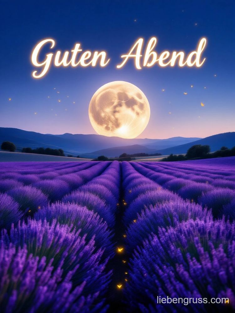 Lavendelfeld bei Nacht mit Mond und Sternen, Text „Guten Abend“