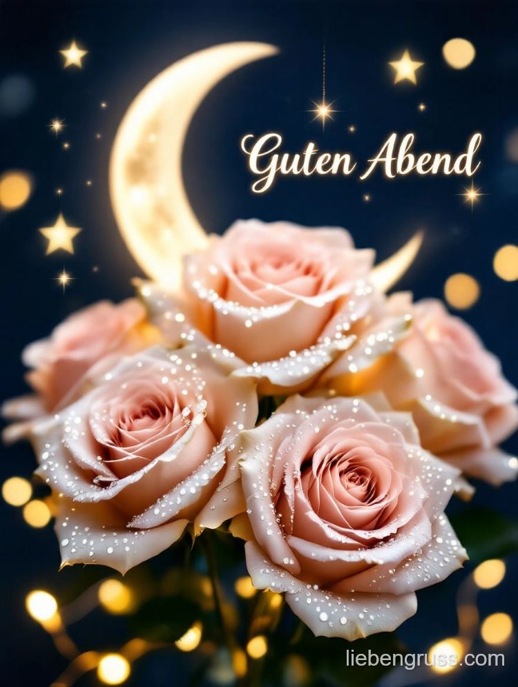 Blumenstrauß mit Tautropfen vor nächtlichem Himmel mit Mond und Sternen.