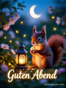 Rotes Eichhörnchen hält Blume vor Laterne. Halbmond und Funken im Hintergrund. Guten Abend.