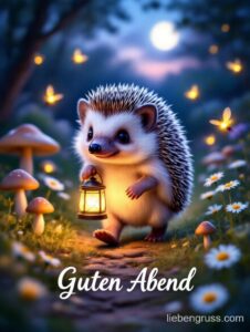 Flauschiger Igel mit Leuchter wandert durch nächtlichen Wald mit Glühwürmchen und Mond.