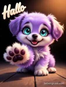 Kleines lila Hund Fell mit blauen Augen winkt. „Hallo“ oben links.