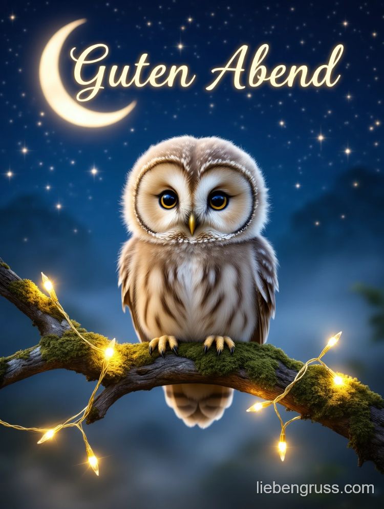 Flauschige Eule sitzt auf moosigem Ast mit Lichterketten unter Mond und Sternenhimmel.