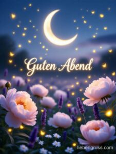 Nachtlandschaft mit Mond, Blumen und „Guten Abend“-Schrift