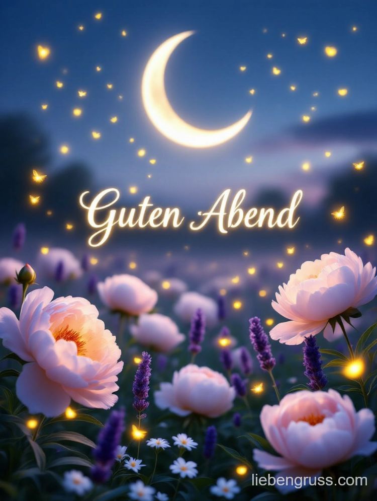 Nachtlandschaft mit Mond, Blumen und „Guten Abend“-Schrift
