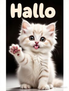 Flauschiges Kätzchen hebt Pfote zum Gruß, „Hallo“ im Hintergrund